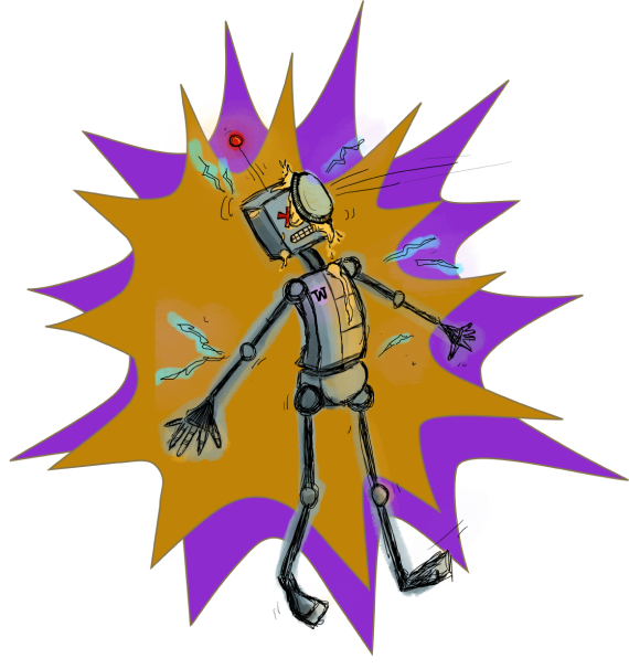 Illustration of a Robot getting a pie thrown in its face. Behind it is purple and gold background.